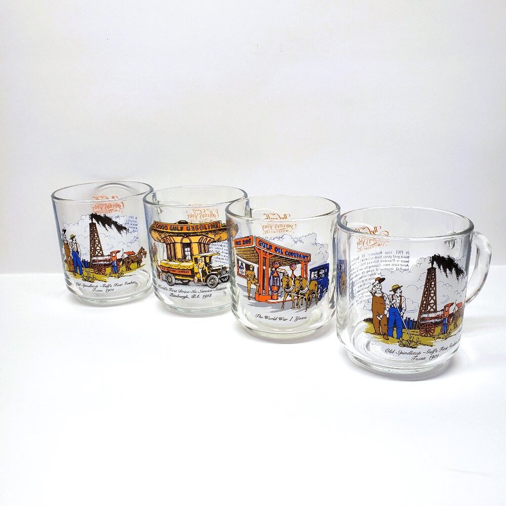Luminarc Gulf Oil Collectors Roaring 20’s Gas Station Glass Mug Cup Set Lot x4